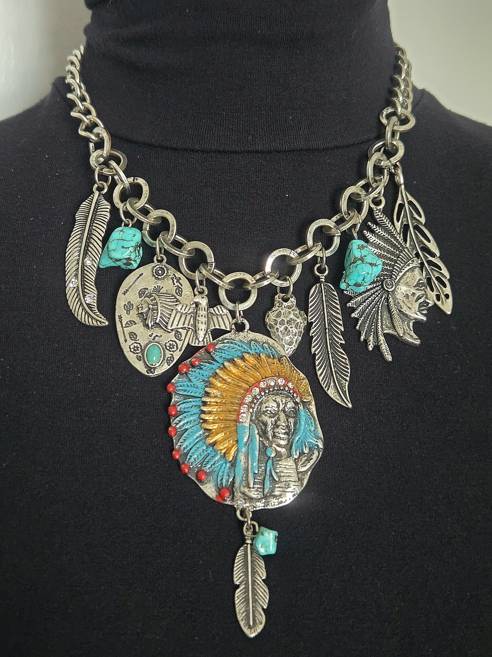 Y2K/VTG Southwest Chief Rhinestone Headdress Cuban/Mixed Link Statement Necklace